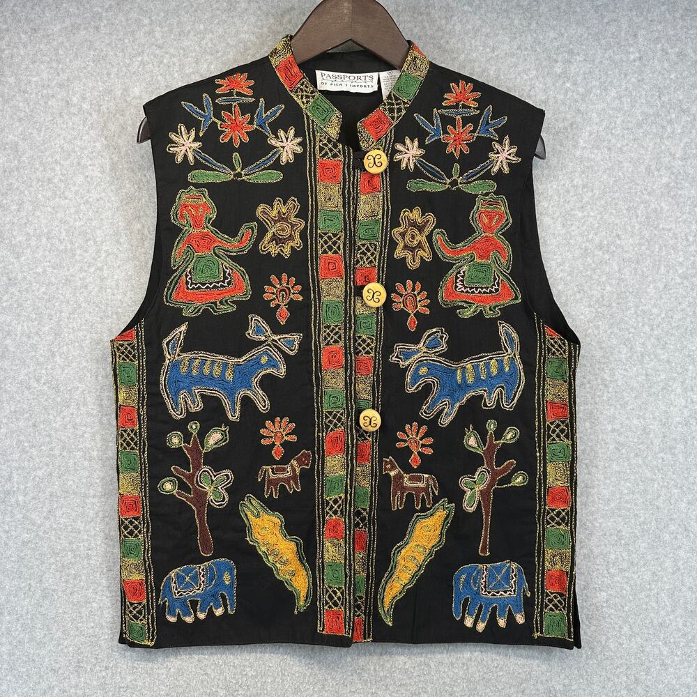 Vintage Passports Of Pier 1 Imports Vest Size M Black Embroidered Button Front